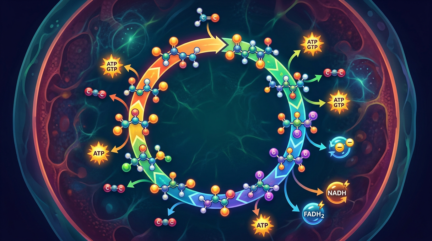 Stylized citric acid cycle showing ATP, GTP, NADH, and FADH2 production