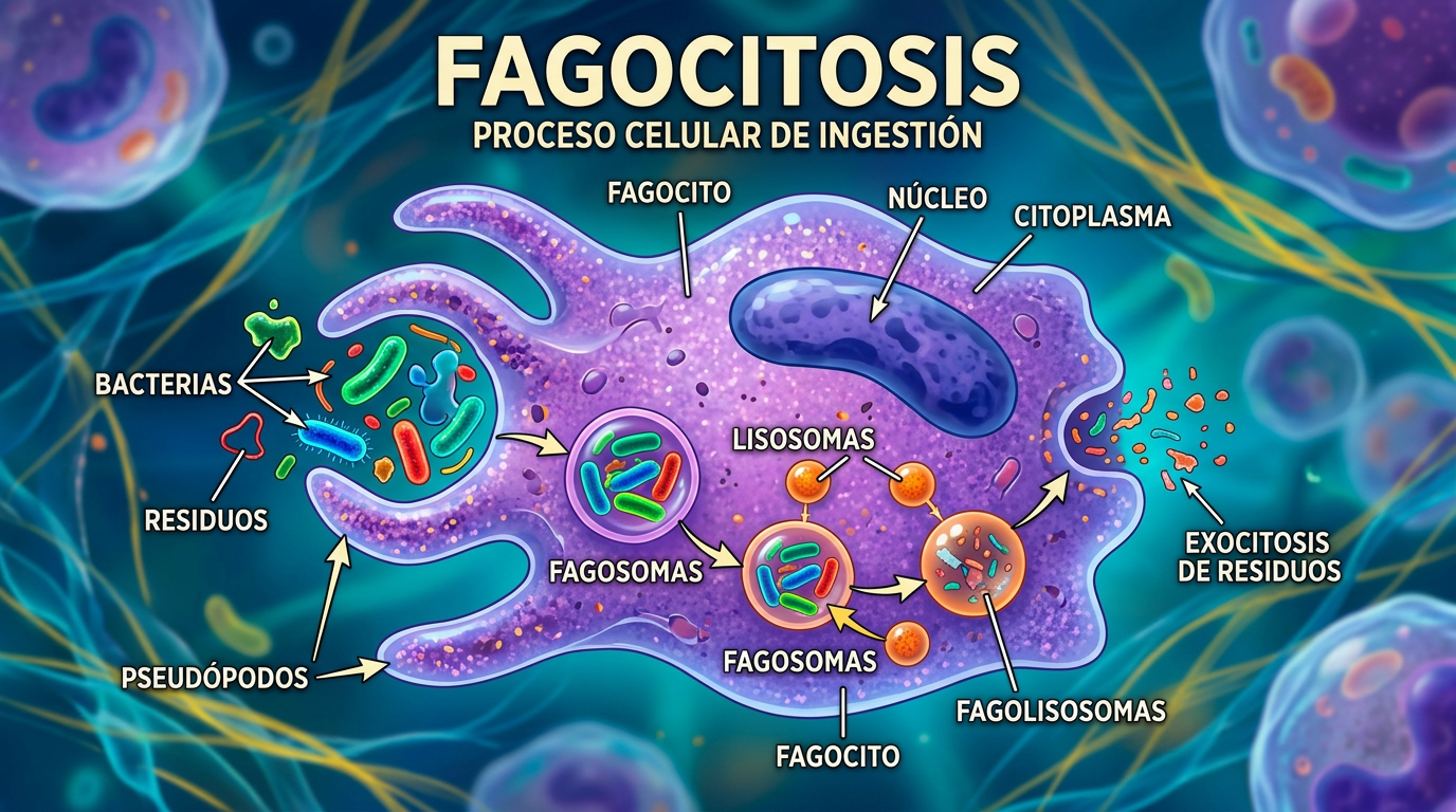 Diagrama titulado “FAGOCITOSIS: PROCESO CELULAR DE INGESTIÓN”, con etiquetas “FAGOCITO”, “NÚCLEO”, “CITOPLASMA”, “BACTERIAS”, “RESIDUOS”, “PSEUDÓPODOS”, “FAGOSOMAS”, “LISOSOMAS”, “FAGOLISOSOMAS” y “EXOCITOSIS DE RESIDUOS”.